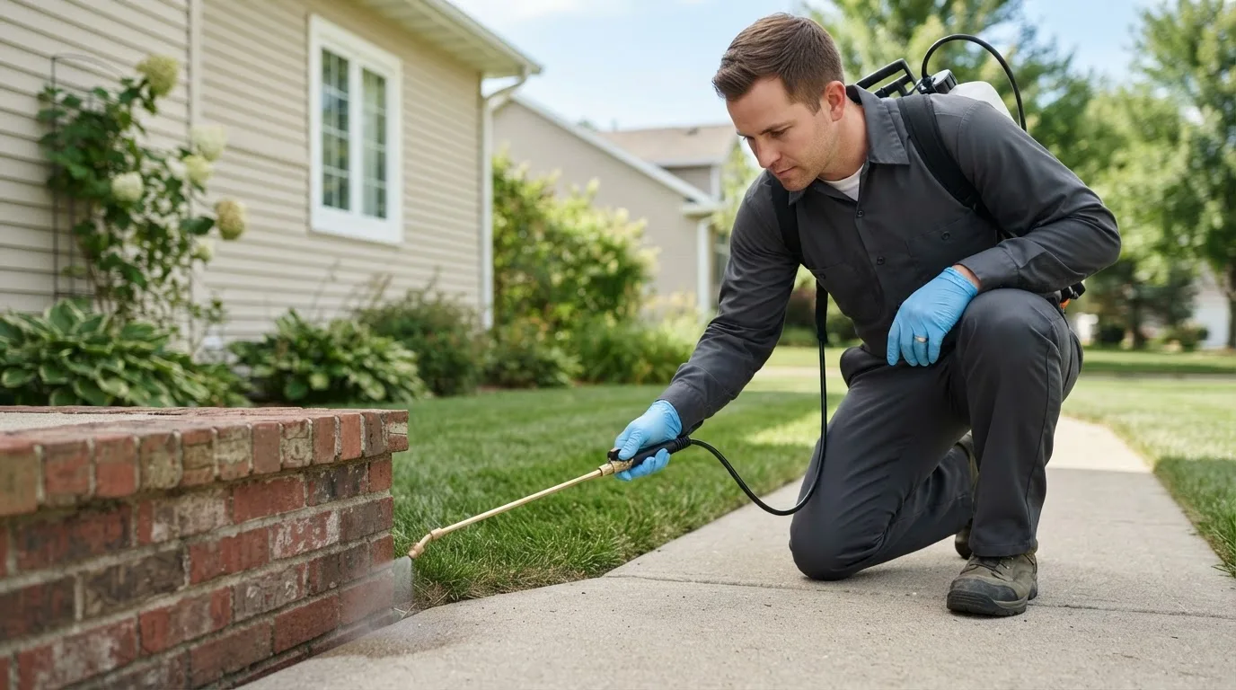 Pest control technician treating a home near North Chelmsford, MA