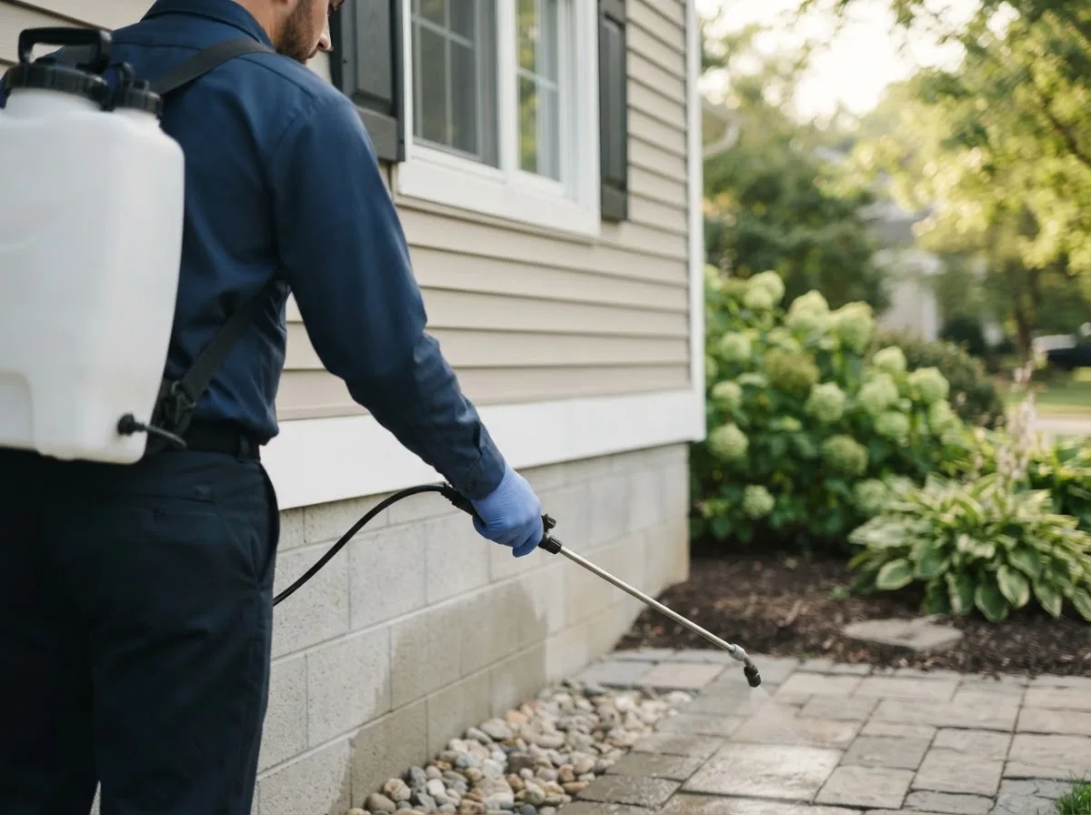 Pest control technician inspecting a home in North Chelmsford, MA